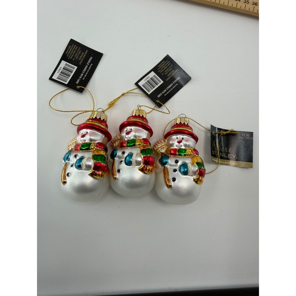 Robert Stanley Glass Snowman Christmas Ornaments Set of 3 Red Green White 3.25"
